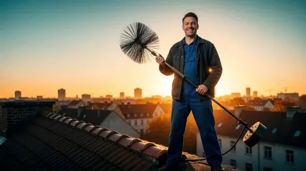 Chimney technician on a Princeton roof at dusk