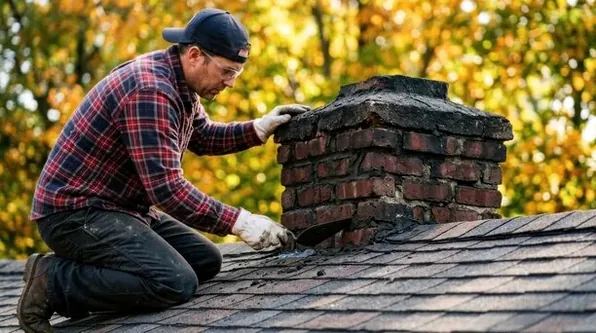 Mason working on the crown of a stone house chimney in Princeton